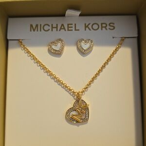 Michael Kors Gold Heart Pendant Necklace & Stud Earrings Set